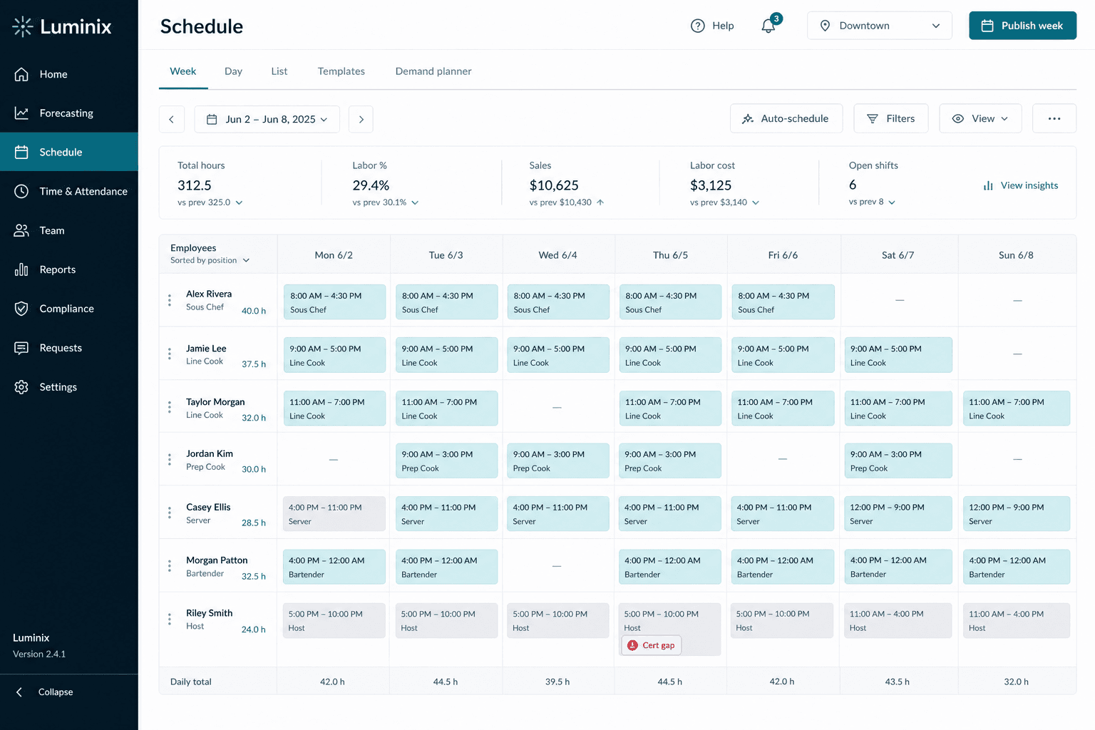 Certifications block publish before the floor finds out — Luminix demo workspace
