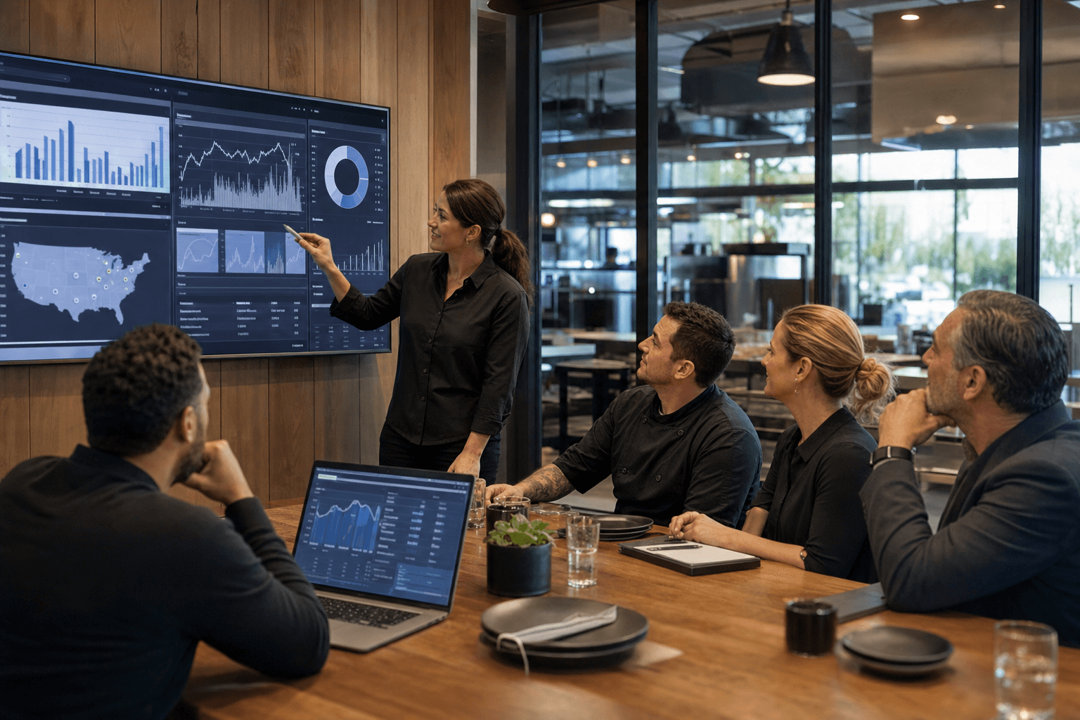 Restaurant leadership reviewing operations across locations